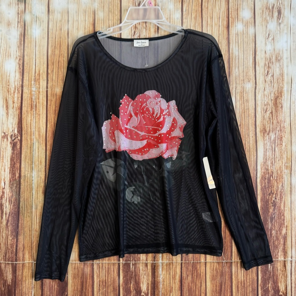 Free Kisses Women’s Rose Print Rhinestones Sheer Black Mesh Top Size 1X